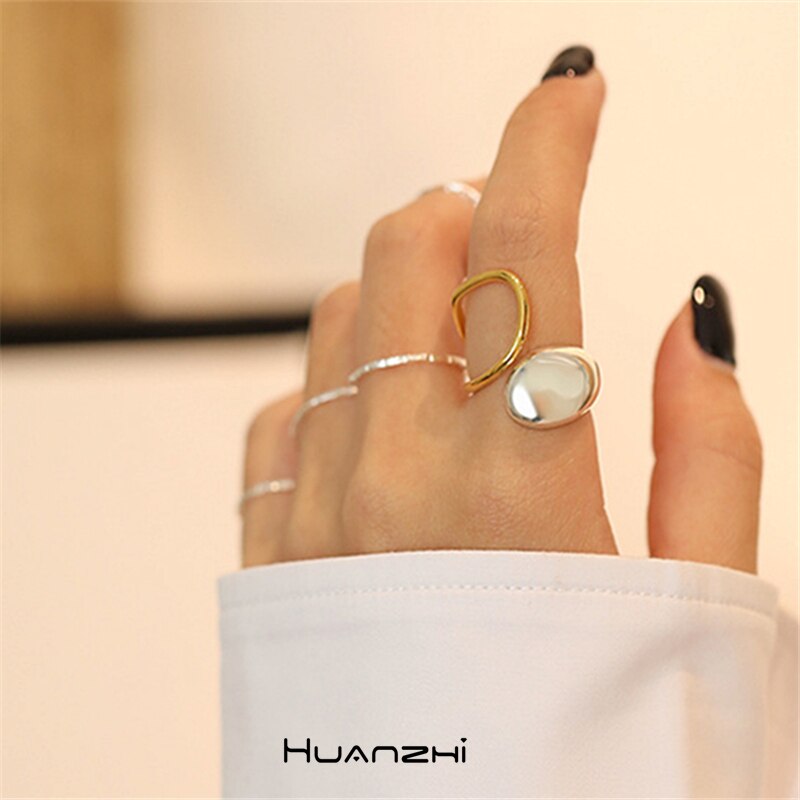 HUANZHI 2020 nowy modny kropla wody metal podwójna warstwa krzywa drążą nieregularne krzywa pierścień dla kobiet impreza modna biżuteria prezent