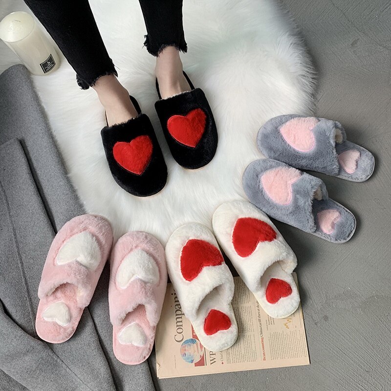 Cute Women Slippers Love Heart Cotton Winter Fur Slides Ladies Home Furry Slippers Warm House Indoor Non-slip Shoes