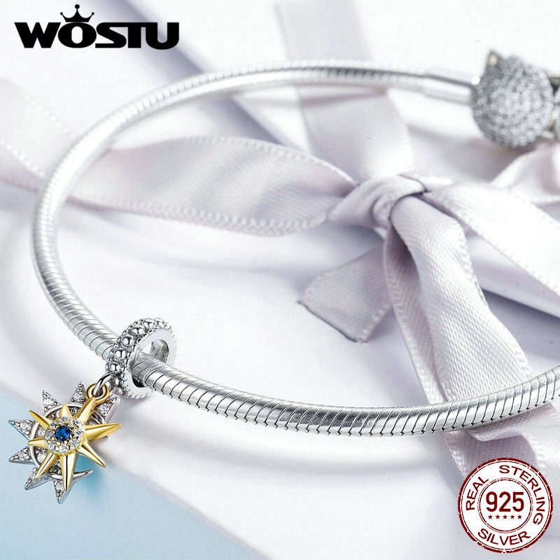 Wostu 925 prata esterlina lua estrela & ouro sol charme aaa cz grânulo caber pulseira original pingente lucky charms diy jóias cqc1135