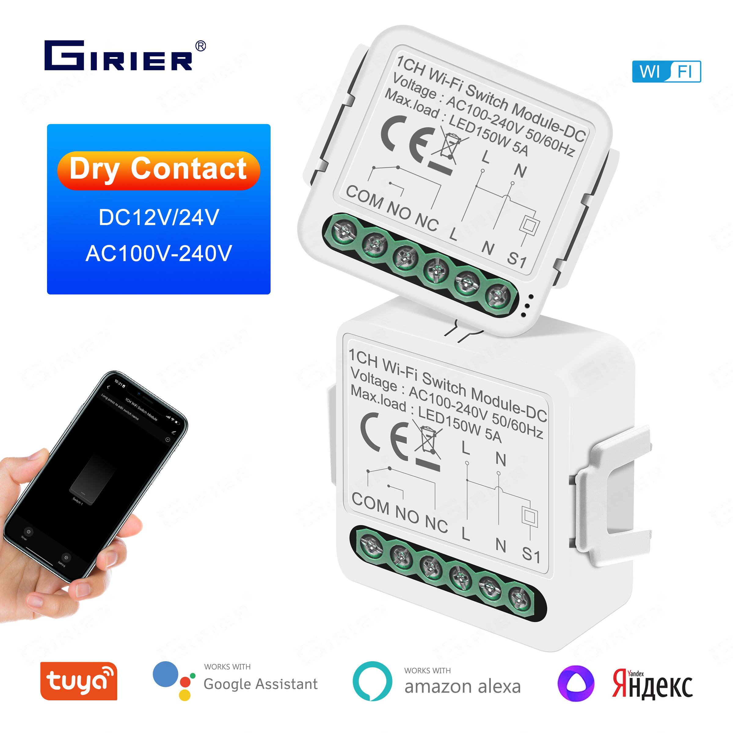 GIRIER – Module de commutation WiFi intelligent à Contact sec, relais de disjoncteur pour maison intelligente, DC 12/24V AC 100-240V, fonctionne avec Alexa Hey Google Alice