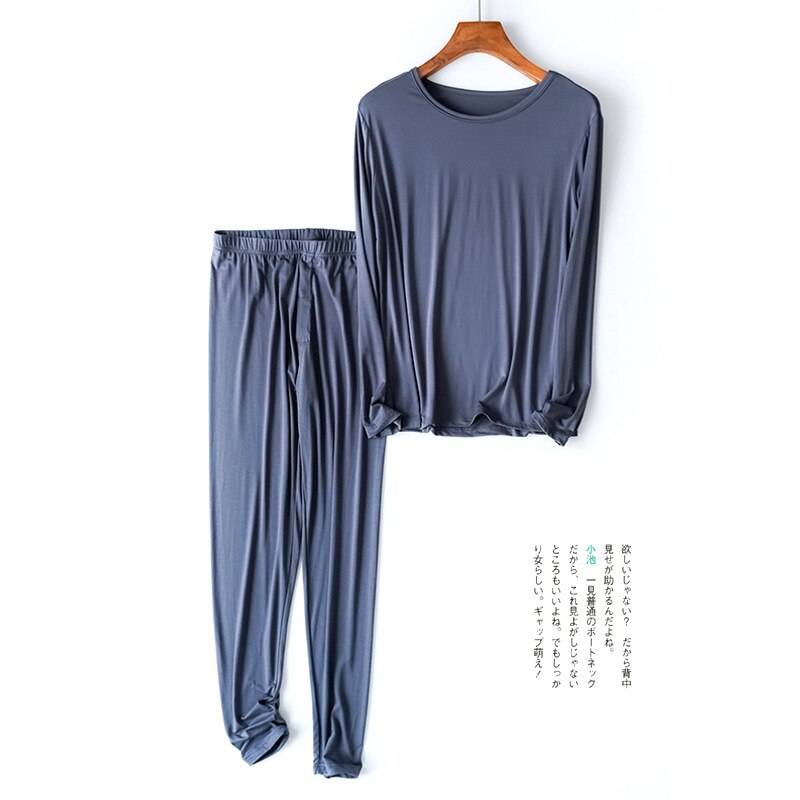 Pyjama en coton Modal pour homme, vêtements de nuit à manches longues, couleur unie, ample, grande taille, tenue de maison, printemps, 95%: Dark Grey Set / XL(70-80kg)