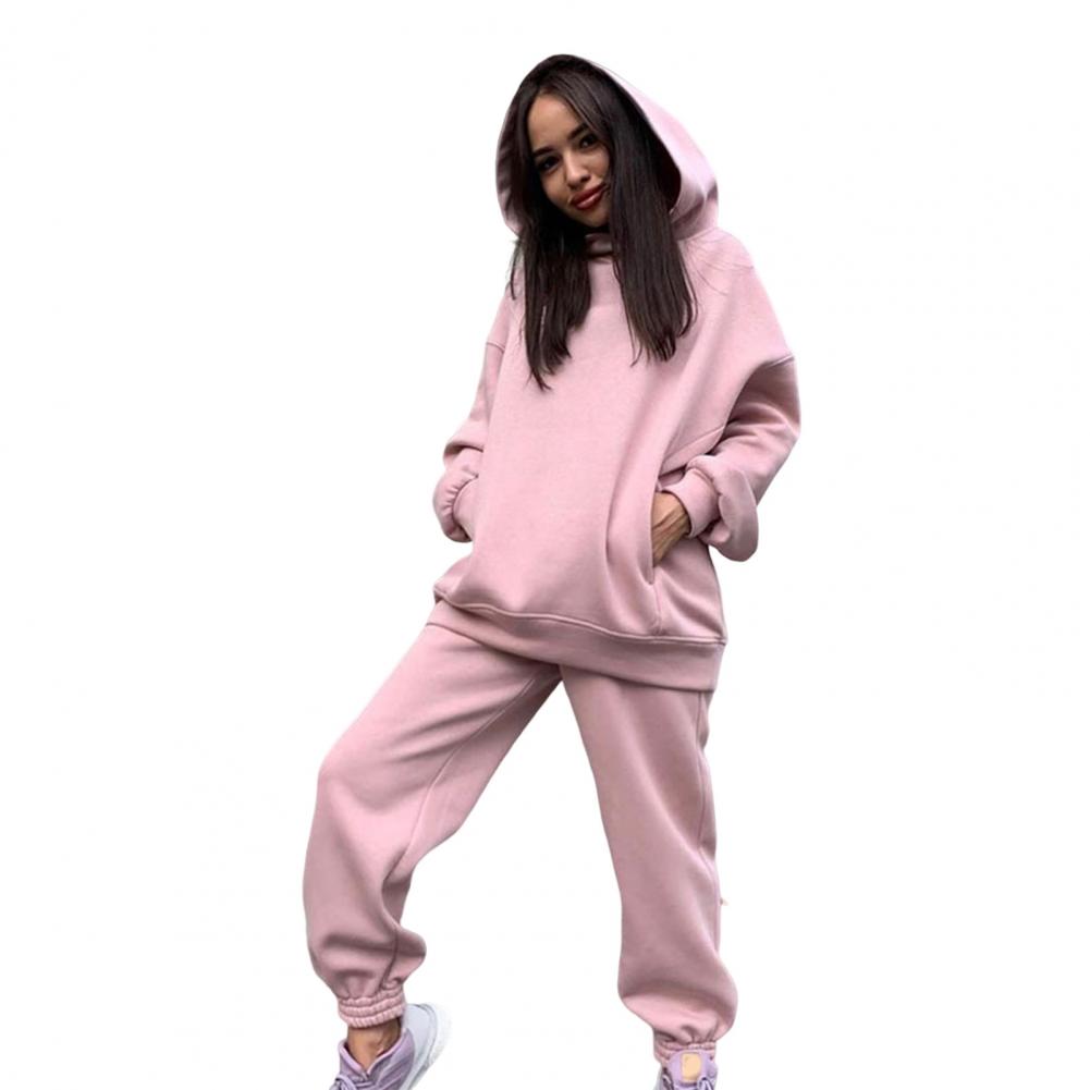 Oversized Hoodie Sweatpants Set Two Piece Women Tracksuit Autumn Trouser Suits Thermal Sweatshirt Solid Sports Hoodie Sportswear: XL / Pink