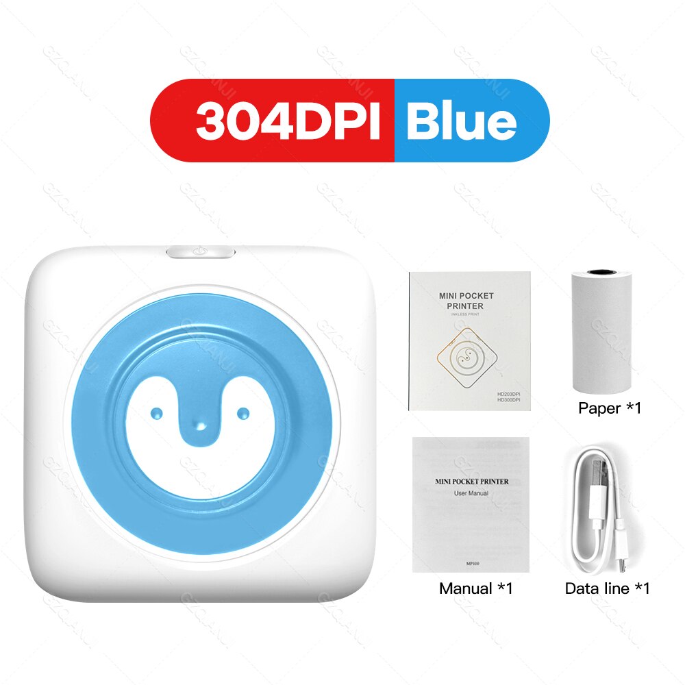 304DPI Photo Printer Bluetooth Wireless Connected Via Phone Free App For Android and iOS Mini Pocket Thermal Printer 300DPI: 304DPI Blue