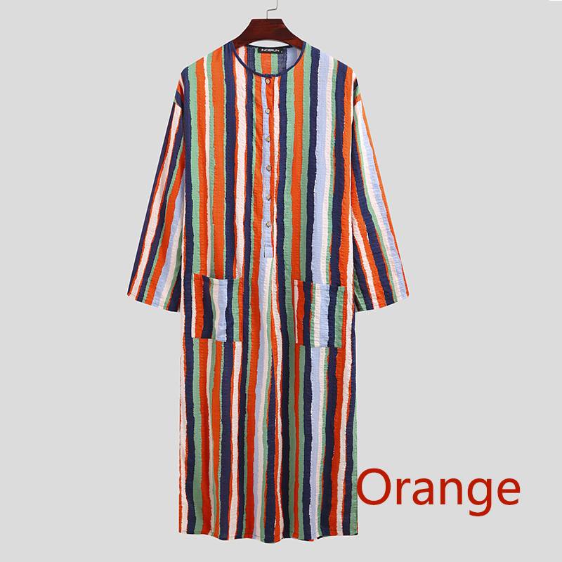 Mannen Saudi Stijl Gestreepte Jubba Thobe Mannen Zakken Abaya Moslim Kaftan Robe Lange Mouwen V-hals Islamitische Arabische Kleding 5XL incerun: Orange / XXXL