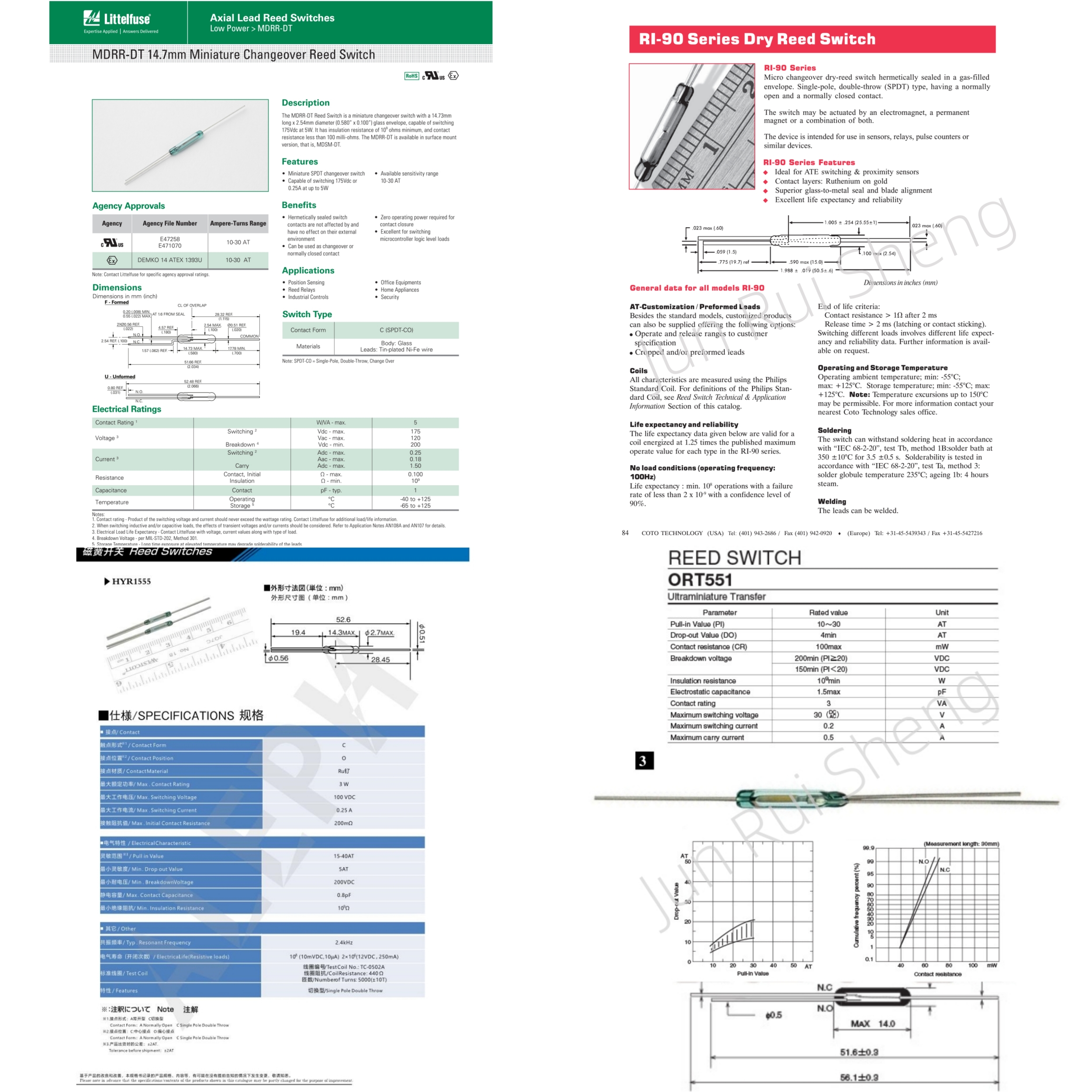 Reed Switch NO/NC SPDT MDRR-DT SMD MDSM-DT RI-90 ORT551 HYR1555 14M 3pin Normally Open/Closed Conversion Magnetic Contact Sensor