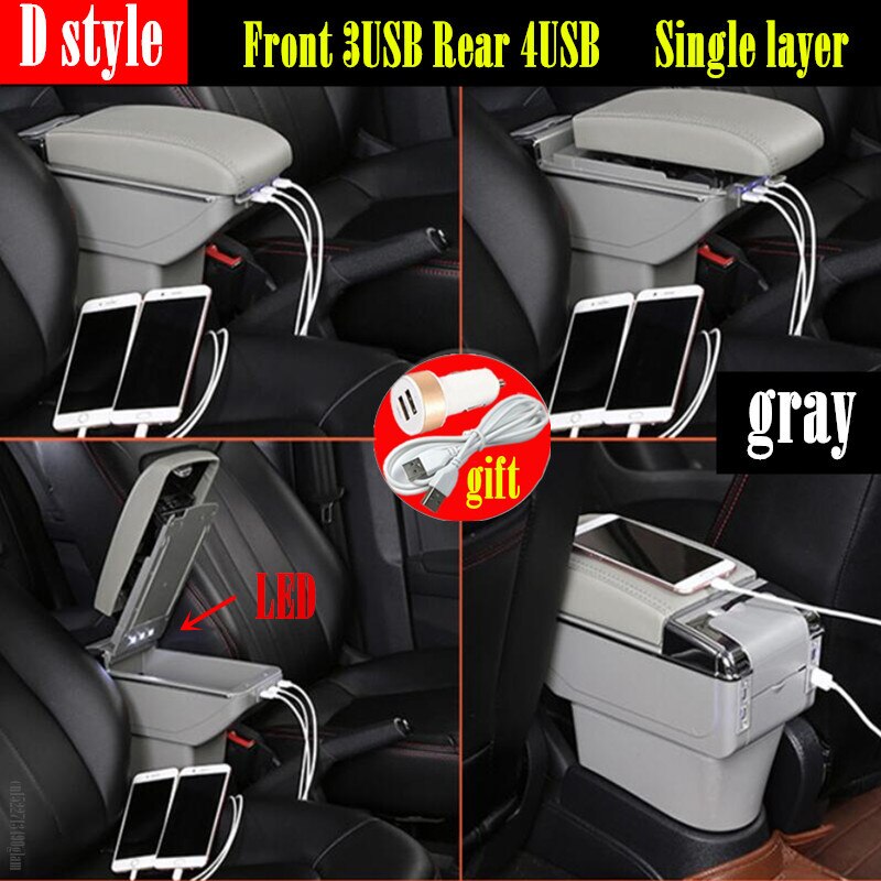 For Land Rover Frelender2 Armrest box For Land Rover Freelander car Armrest box Interior Parts content Storage box with USB LED: D gray 7USB
