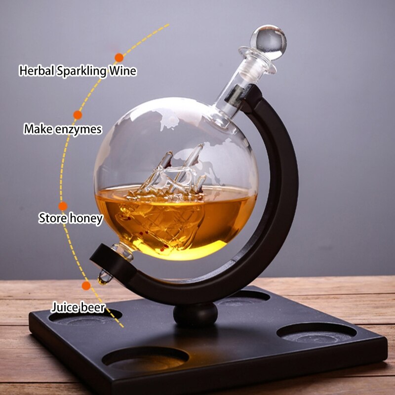 Whiskey Decanter Globe Set with 4 Etched Globe Whisky Glasses - for Liquor