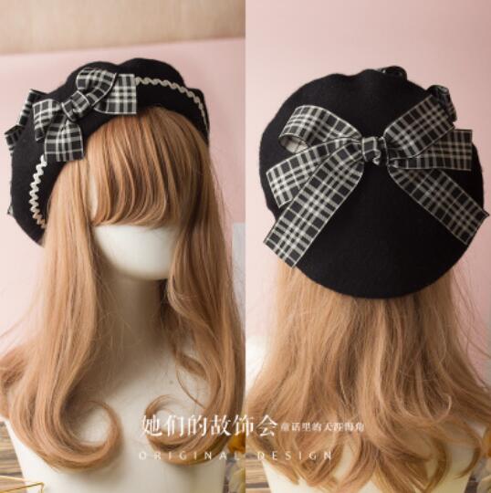 17 Kleuren Lolita Baretten Wol Blend Hoed Vrouwen Meisjes Boog Plaids Streep Sailor Stijl Preppy Chic Studenten Cap: N