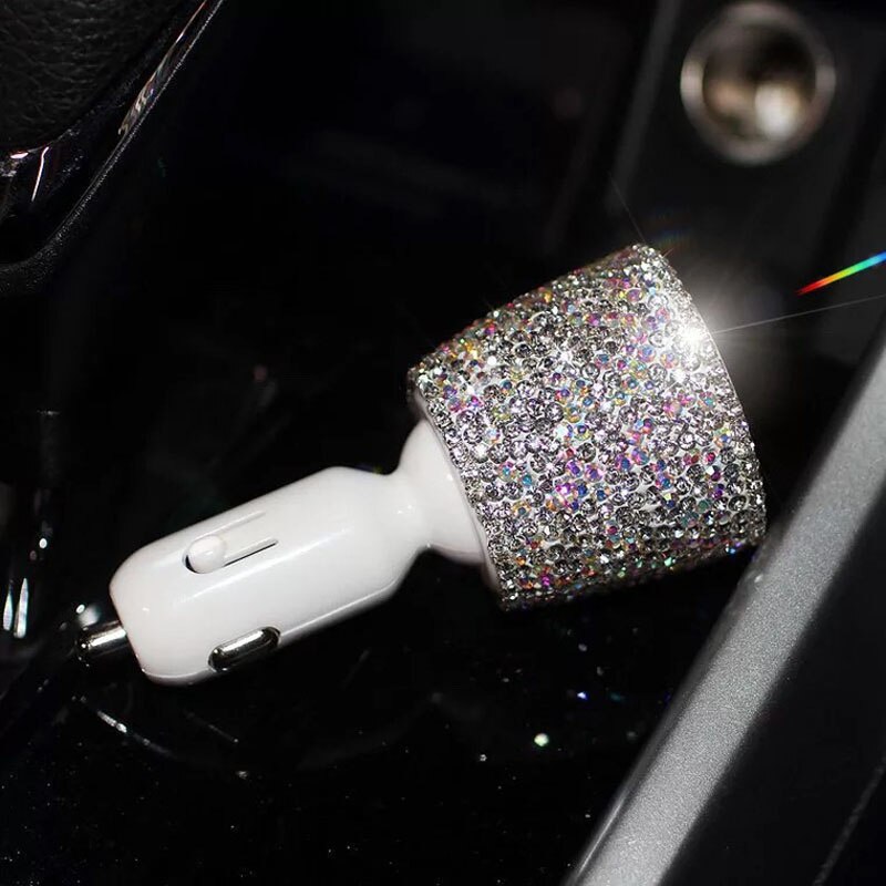 Crystal Rhinestones Dual Usb Snel Opladen Auto Oplader Voor Mobiele Telefoon Ipad Draaien Snel Opladen Adapter Zilver