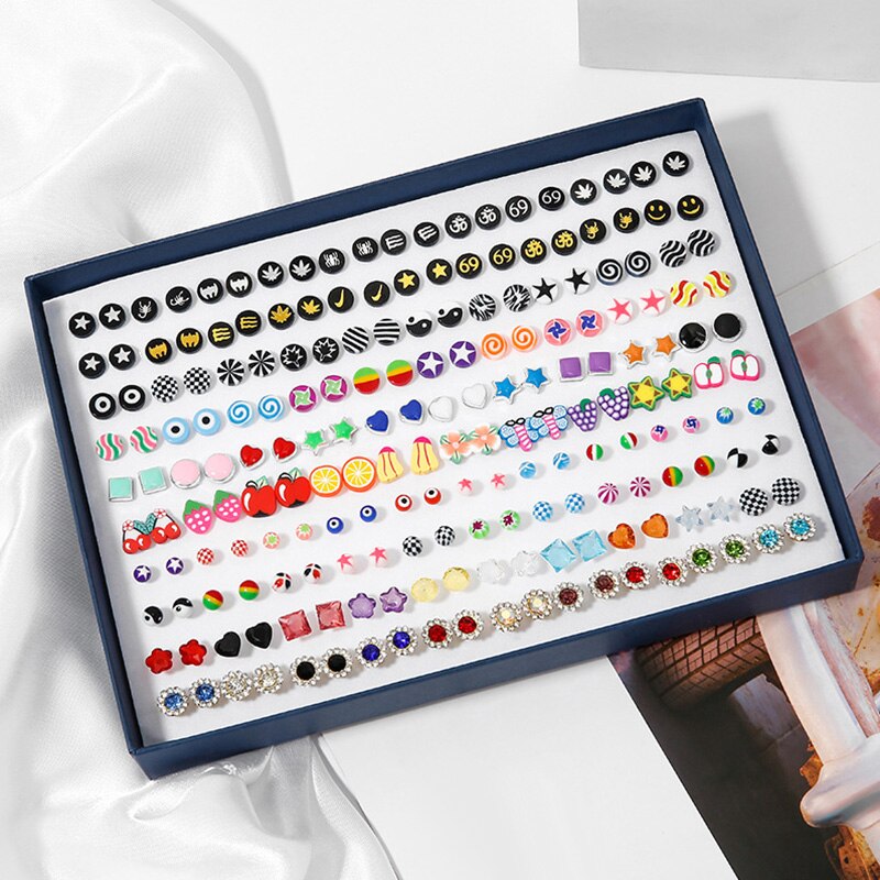 100 Pairs Boxed Leuke Oorbellen Gemengde Stijlen Kristal Kleine Stud Oorbellen Sets Meisje Geometrische Plastic Oorbellen Voor Vrouwen Sieraden
