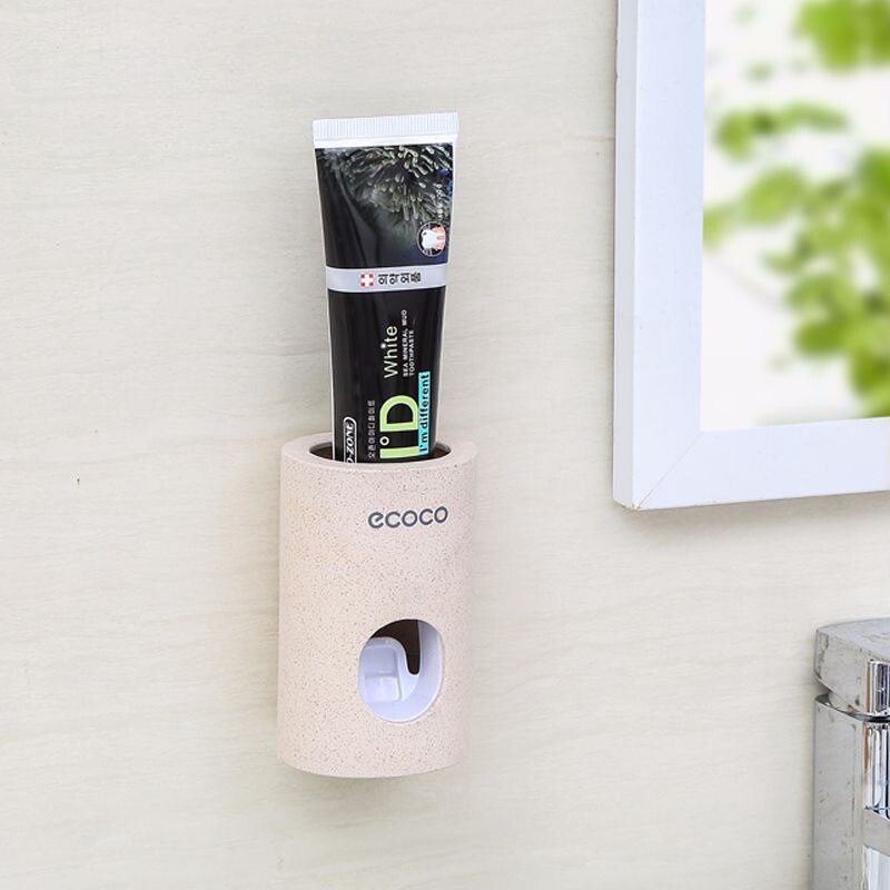 ECOCO Automatic Toothpaste Dispenser Dust-proof Toothbrush Holder Wheat straw Wall Mounted Toothpaste Squeezer for bathroom