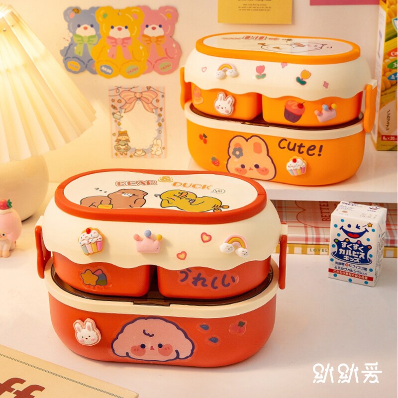 Kawaii Lunch Box Microwave Multi-Layer Student School Bento Box with Independent Box Cutlery Portable Cute Food Storage Boxes