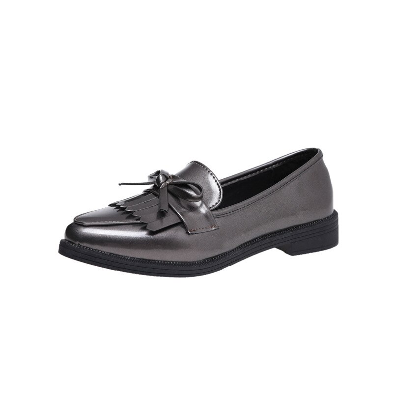 Tofs rosett knut kvinnor oxfords kvinnligt derby lädermärke casual spetsig tå slip on flats dam komfort höst brogue skor: Pistolfärg / 6