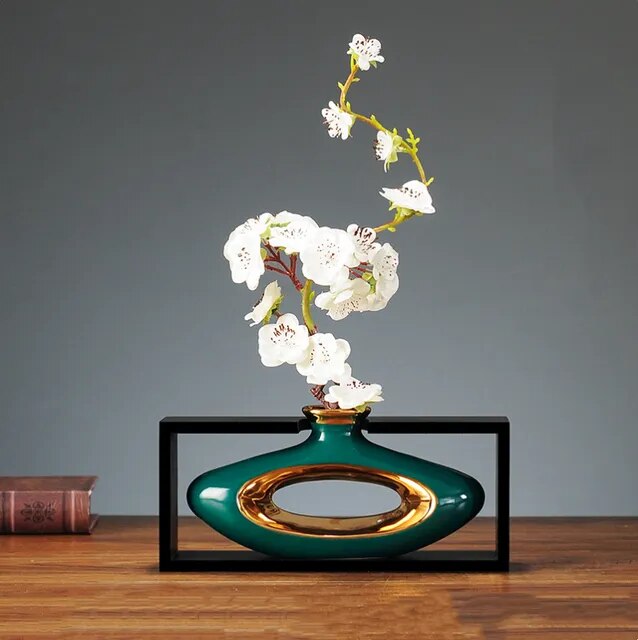 Florero de cerámica de estilo chino, marco de madera Retro calado, arreglo floral moderno para el hogar, jarrones de decoración: Azul marino