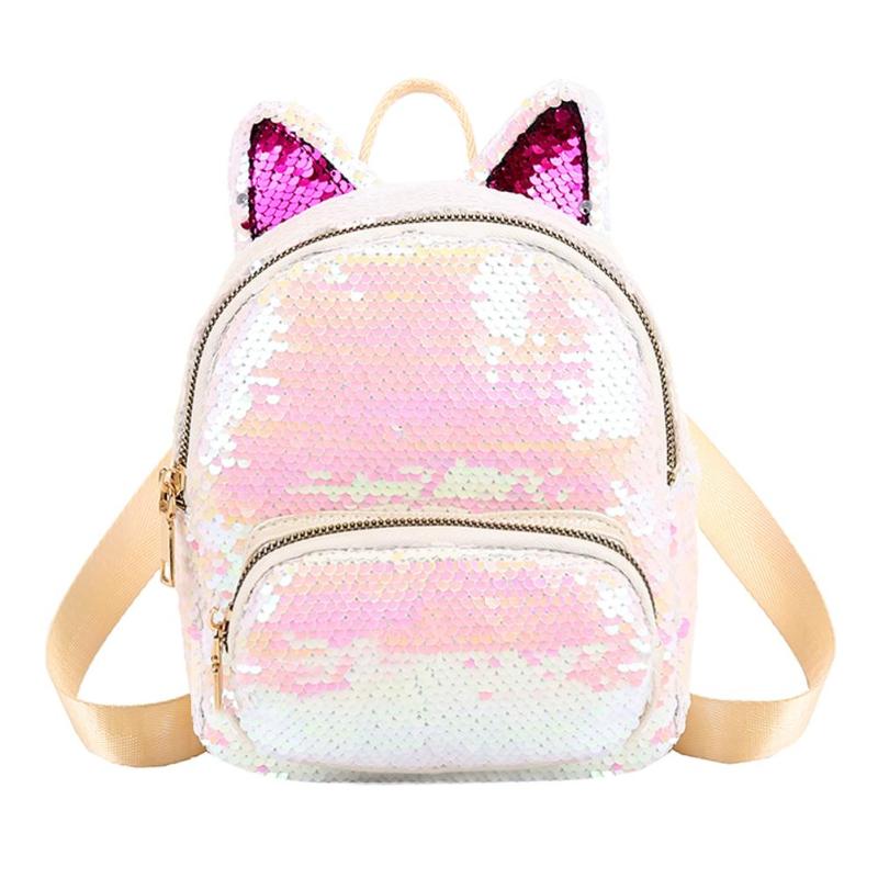 Mochila de lentejuelas con orejas de gato para chicas, bolso escolar de viaje, con cremallera: White