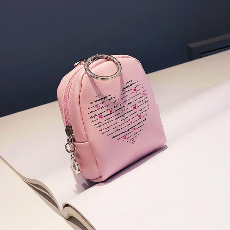 Kvinner jente print zip pu lær myntpung mini nøkkelring ryggsekk bag anheng: Rosa