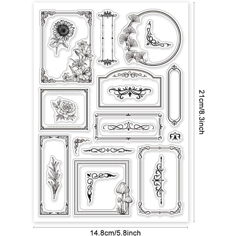 Sellos transparentes de borde botánico, formas mixtas para hacer tarjetas, rosas, setas, esquina de encaje, sellos transparentes de 5,83x8,27 pulgadas, 1 ud.
