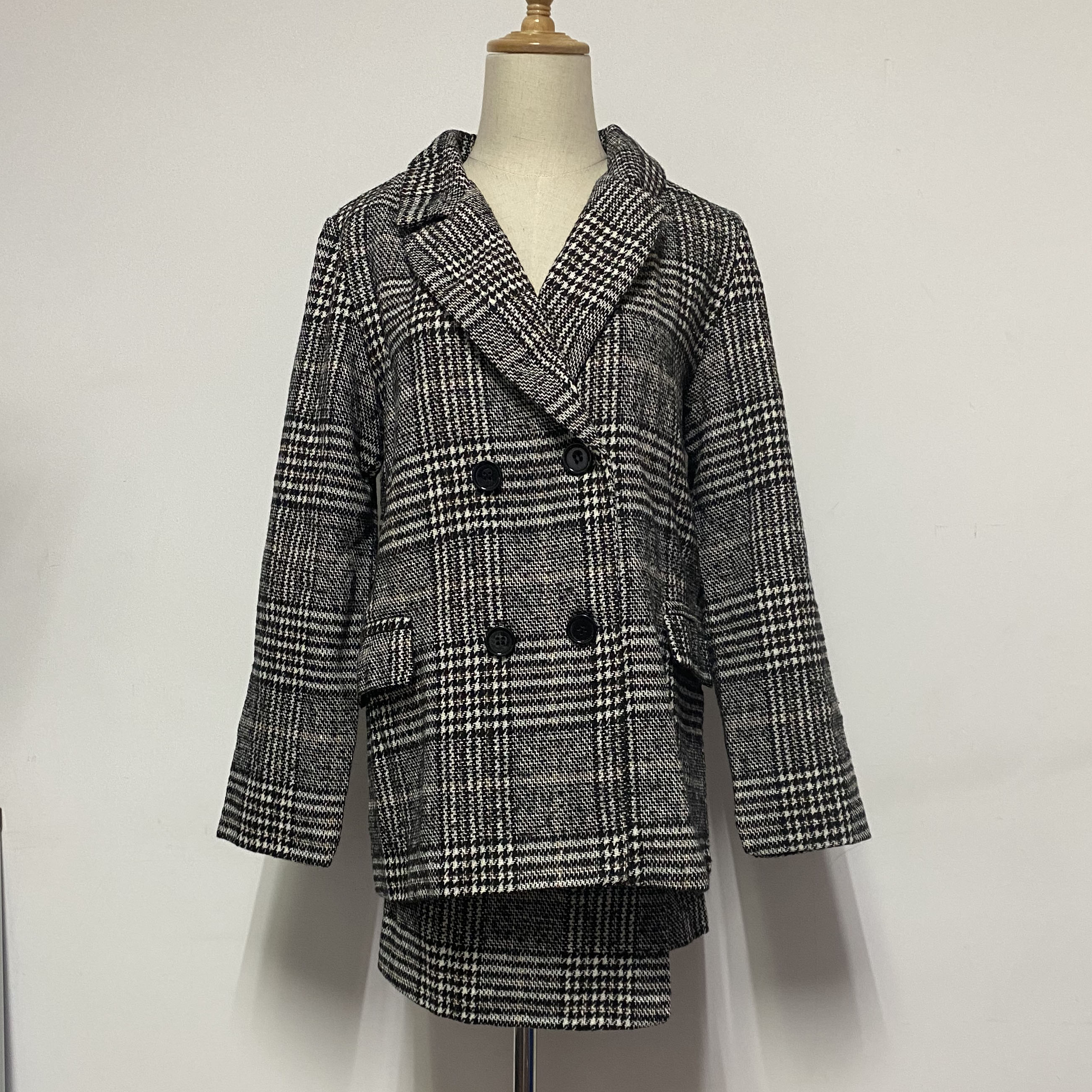 Höst damdräkter tvådelade set rutiga blazer kostym penna kort kjol uppsättningar oversize jacka kvinnliga outwear kläder