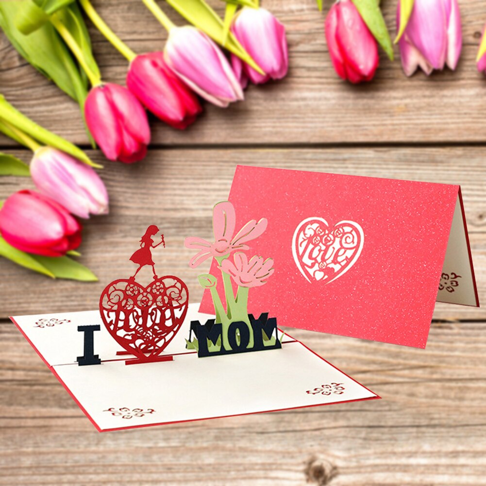 3D Mothers Day Cards Heart Flowers Bouquet Greeting Cards Wedding Anniversary with Envelope Birthday Card For Mom