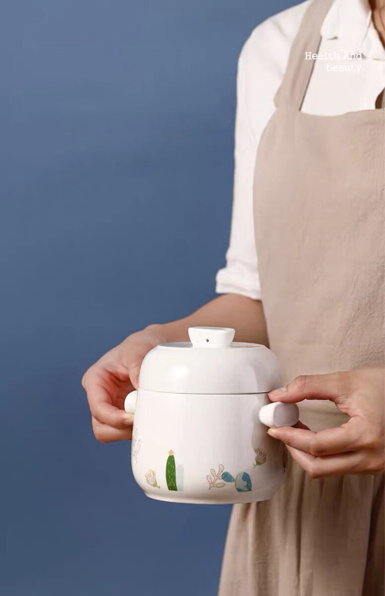 Ceramic Bird's Nest Porriage Egg Stew Pot With Spoon Stew In Water Jar One People Use 460/600ml Soup Pot Double Ear