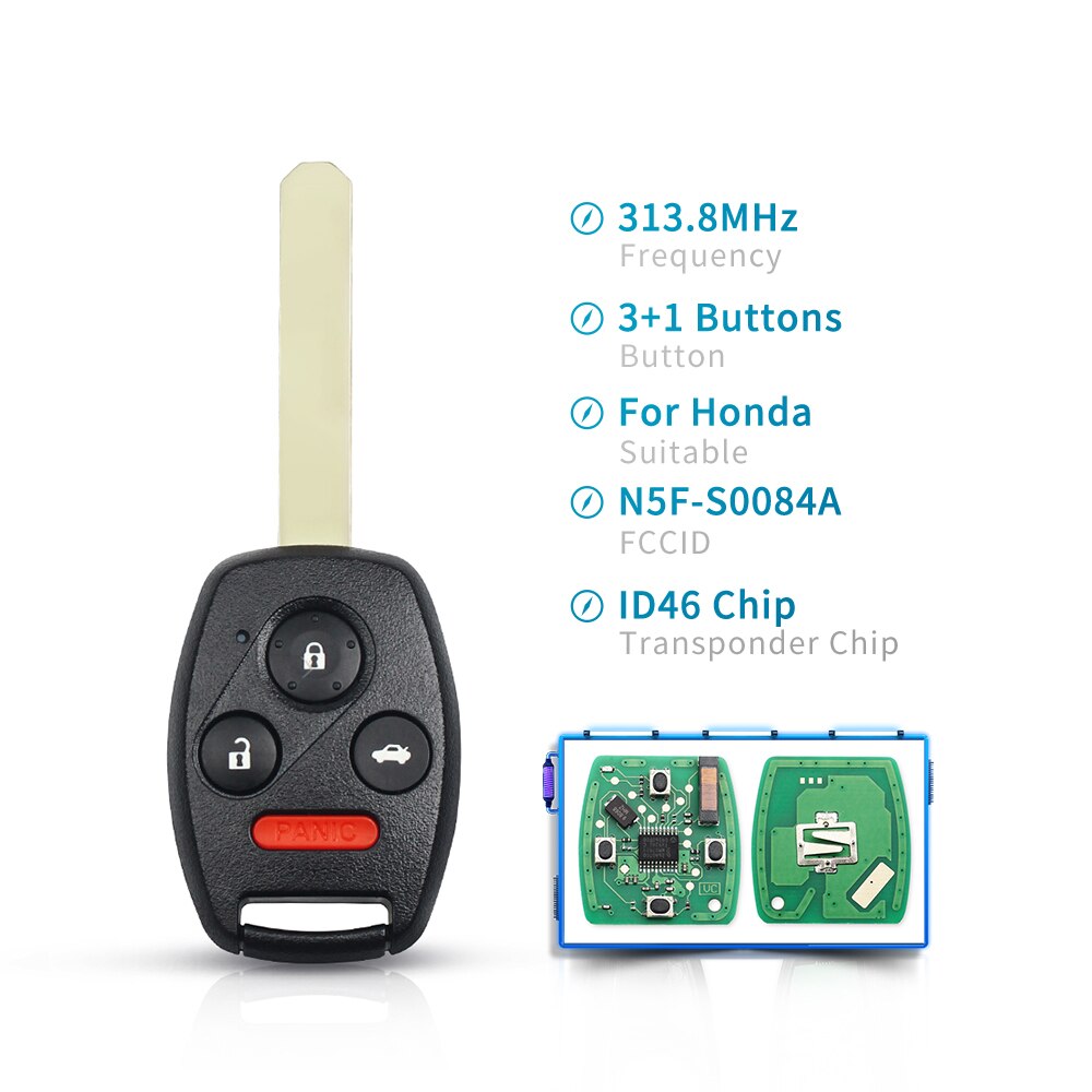 Dandkey Voor Honda N5F-S0084A 313.8Mhz Auto Fob ID46 Chip PCF7936 Afstandsbediening Sleutel Voor Honda Civic Ex Si 2006 2007: 4 Buttons