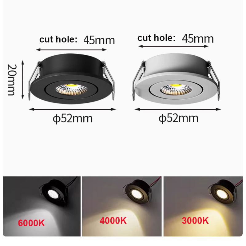 Ultradunne kastverlichting Dimbaar Klein spotlicht Verstelbaar 3W LED-plafondspot Downlight 40 mm-45 mm 110v 220v