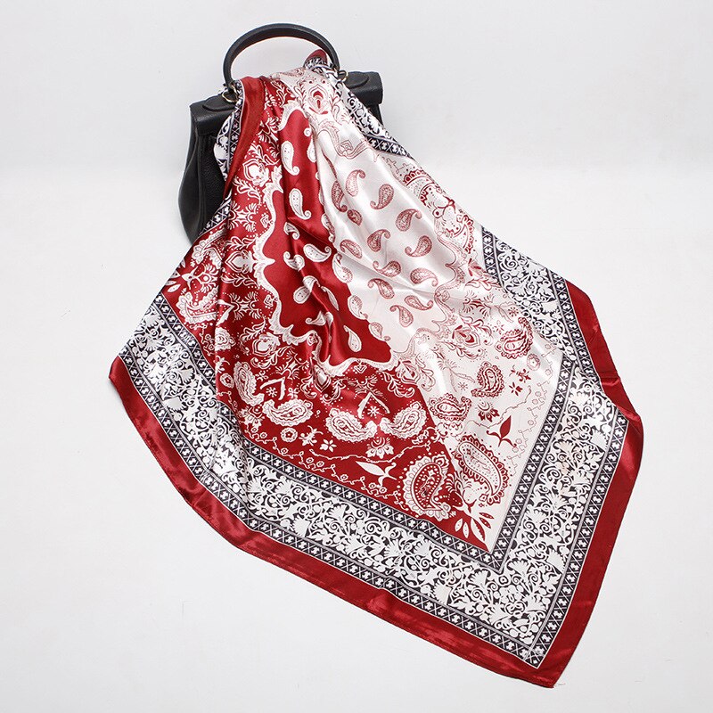 Paisley print sjaals en omslagdoeken dames haarsjaal halsdoek zijden satijnen hijab sjaals dames 90*90cm bandana hoofddoeken: Rood
