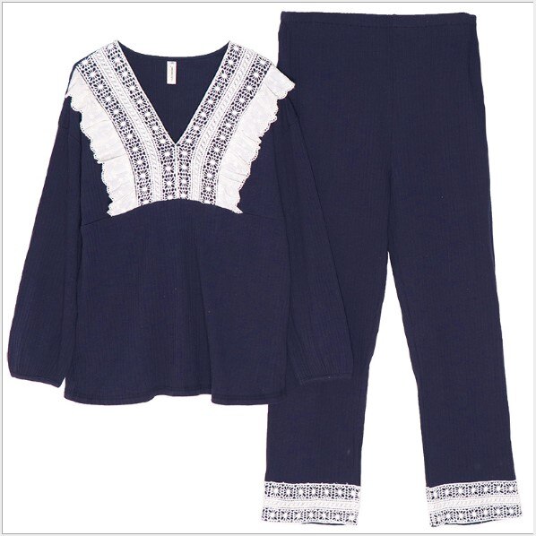 Fdfklak amning pyjamas nattkläder kläder bomull amning nattkläder topp+byxor pyjamasset gravida kvinnor graviditet vår: Marin / Xl