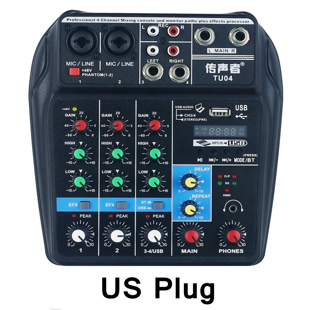 EU/US Plug studio 4 Channels Mixer Audio Interface USB Bluetooth Sound Mixing Console 48V Phantom Power Sound Card: US Plug