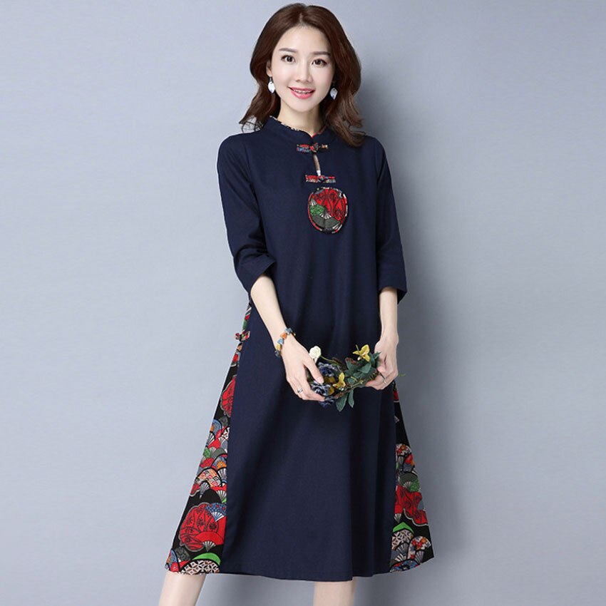 Summer Chinese Traditional Clothes Cheongsam Dress for Women Patchwork Ethinic Maxi Oriental Casual Dress Linen Tai Chi Set