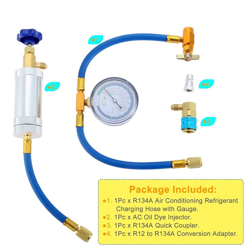 Air Conditioner A/C Oil Injector Tool R134A Low Side Quick with Gauge Refrigerant Inflation Hose R12 R134A Adapter