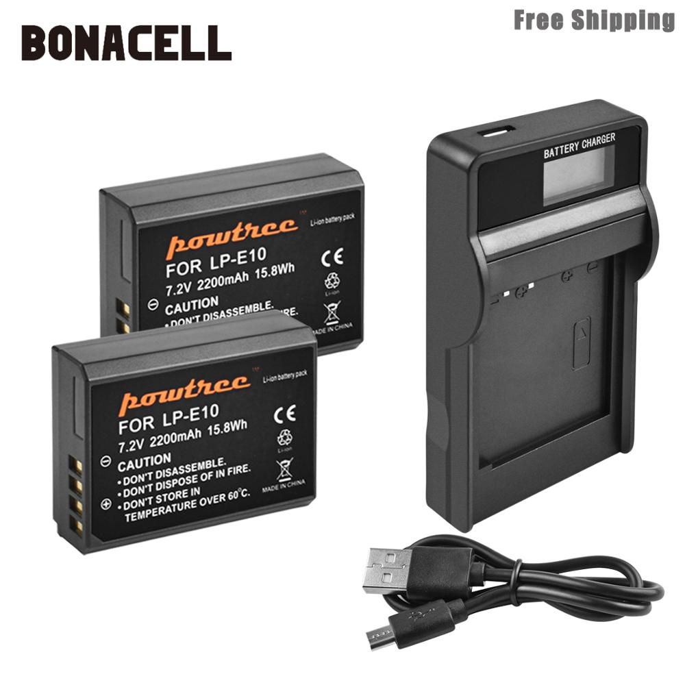 Bonacell 2200mAh LP-E10 LP E10 LPE10 Camera Batterij + LCD Oplader Voor Canon 1100D 1200D 1300D Rebel T3 T5 KUS X50 X70 Batterij L50