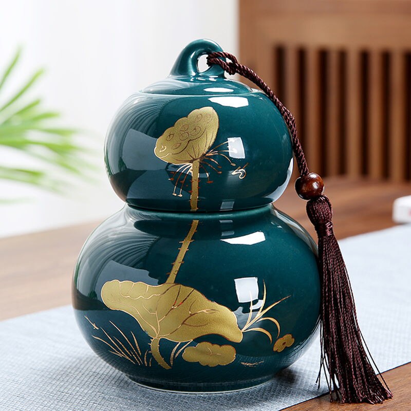 Tarro de cerámica chino de Kung Fu para decoración del hogar, recipiente de almacenamiento sellado con forma de calabaza, accesorios para ceremonia del té, especias: Blackish green