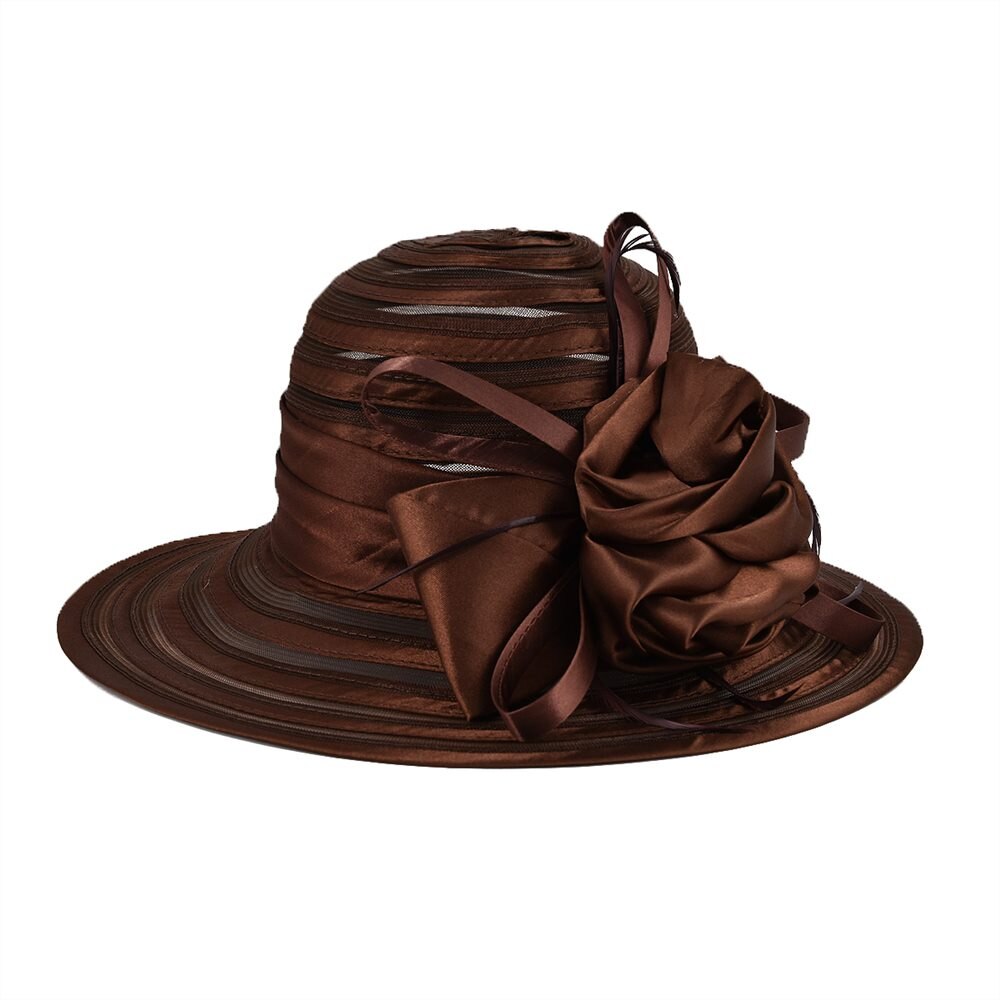 VOBOOM Organza été chapeau femmes vert large bord Protection solaire mariage église mer plage chapeaux rayure dames chapeau arc fleur 001: Marron