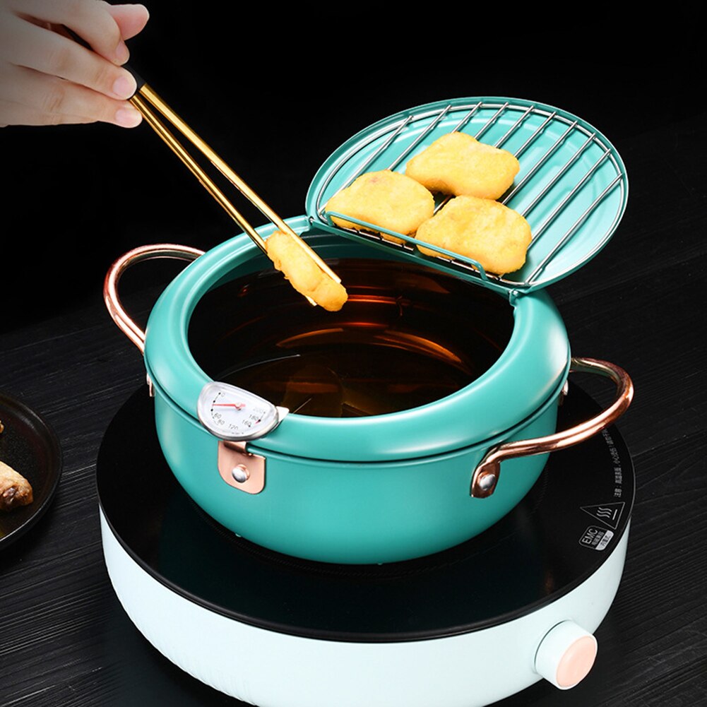 20 24 cm Japanese Tempura Deep Frying Pot with Thermometer and Lid Stainless Steel Kitchen Tempura Fryer Pan Cookware