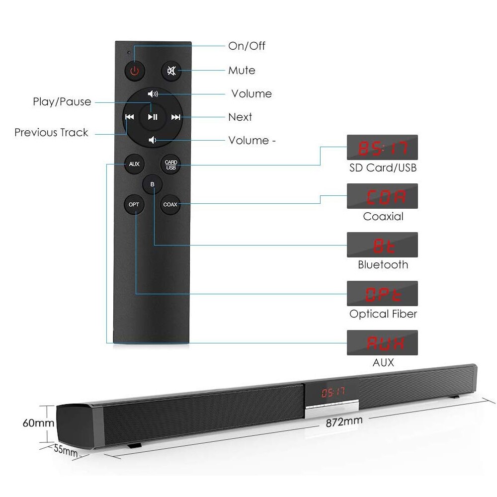 SR100 Plus Sound System Sound Bar 40W Wireless Bluetooth Sound Bar Hifi 3D Stereo Column Subwoofers Surround with Remote Control