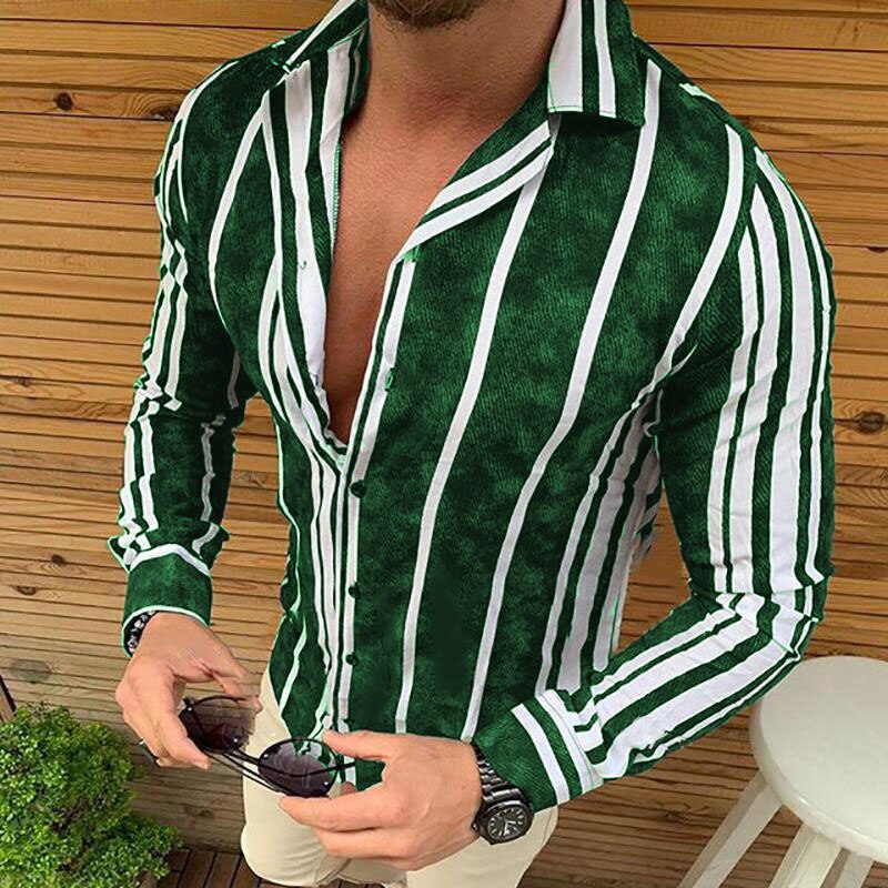 Gestreepte overhemden heren merk lange mouwen casual overhemden voor heren slim fit tops: Groente / Xl