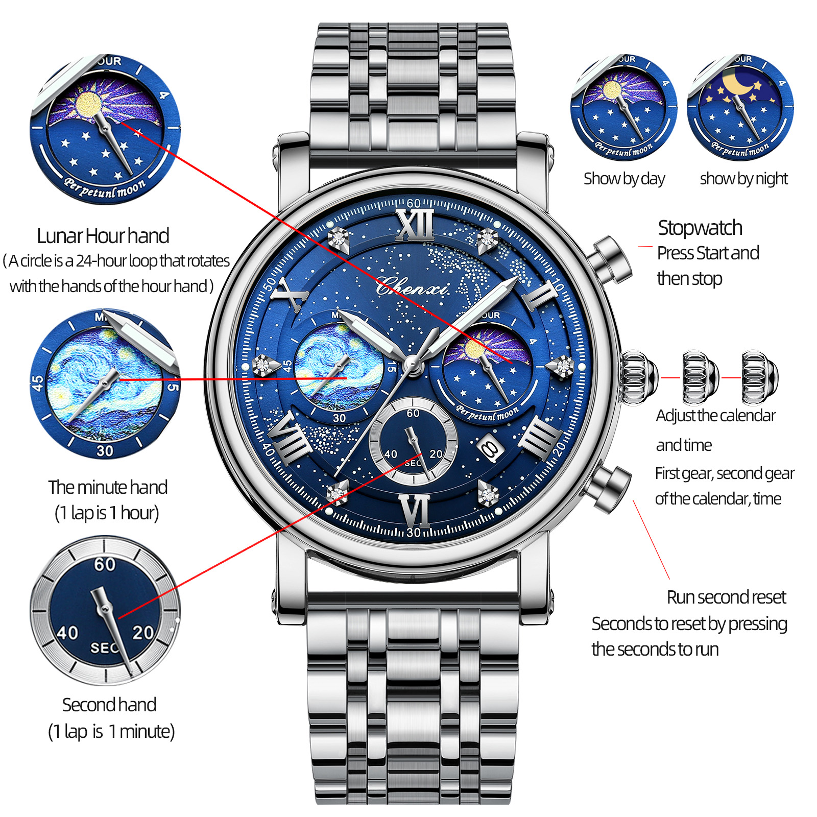 Chenxi herreur multifunktionel kronograf månefase dato quartz ure til mænd himmelsk urskive rustfrit stål armbåndsur