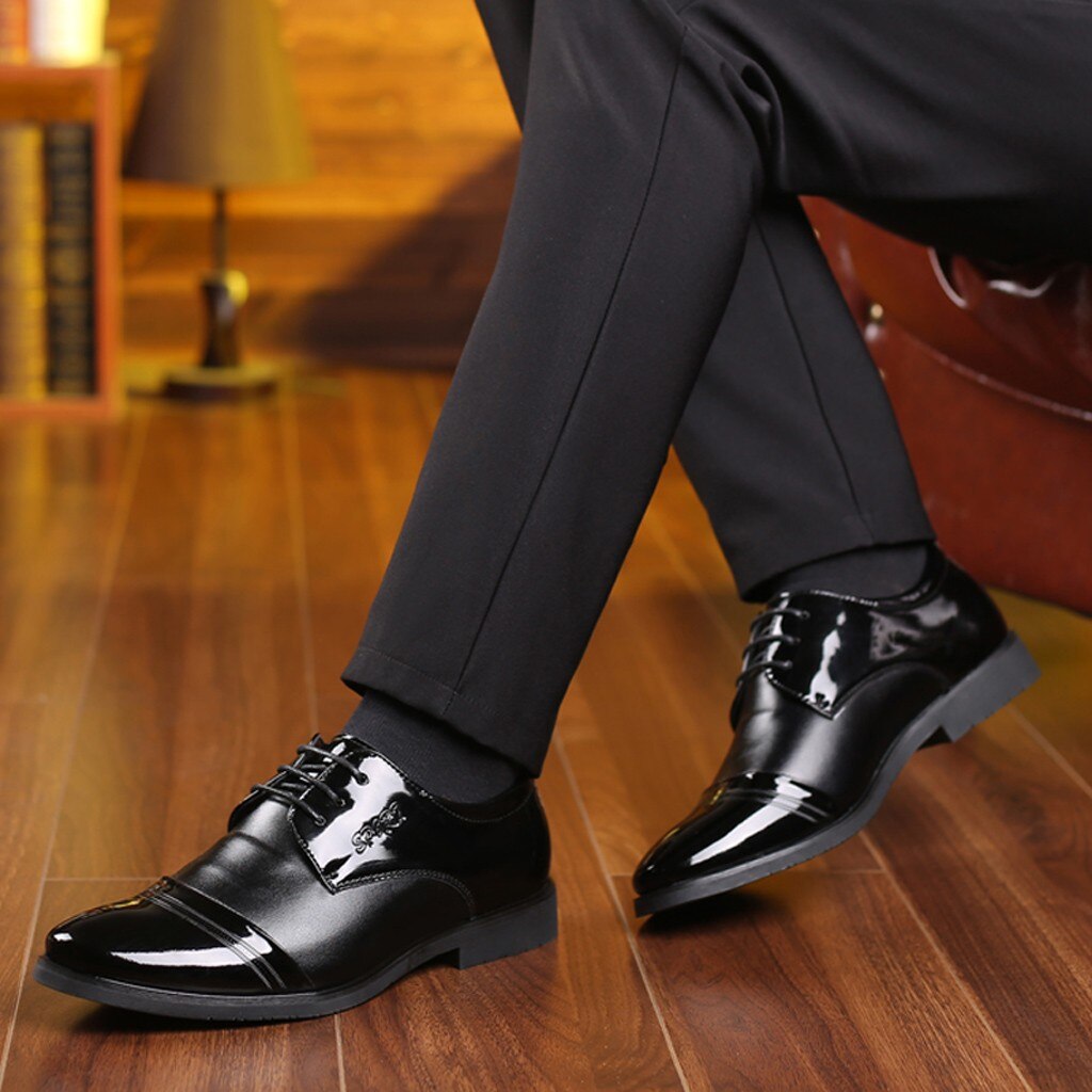 Black Leather Boots Men High Heel Pointed Toe Lace-up Boots Business Wear Square Heel Shoes No Grinding The Feet G3