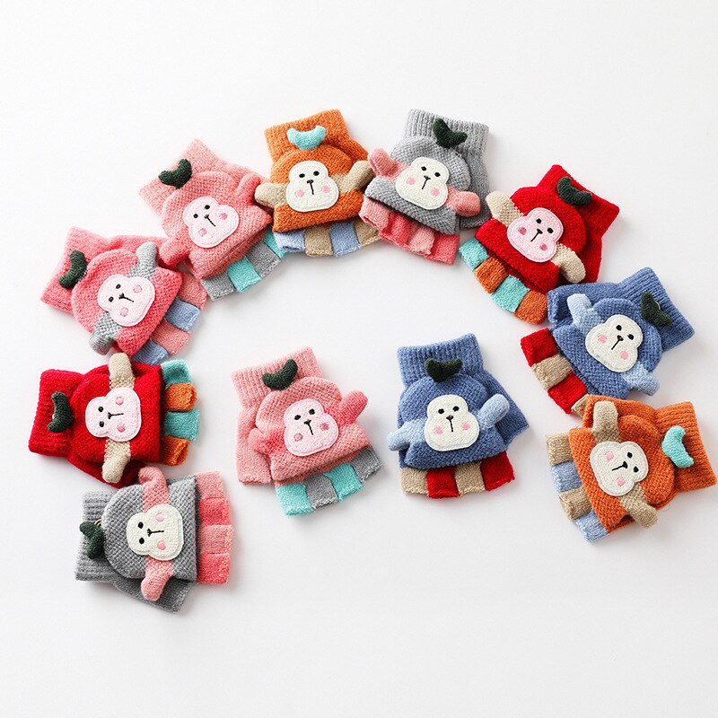 Bebê dos desenhos animados luvas de inverno da menina do menino luvas de malha quente conversível flip top fingerless luvas para crianças da criança crianças