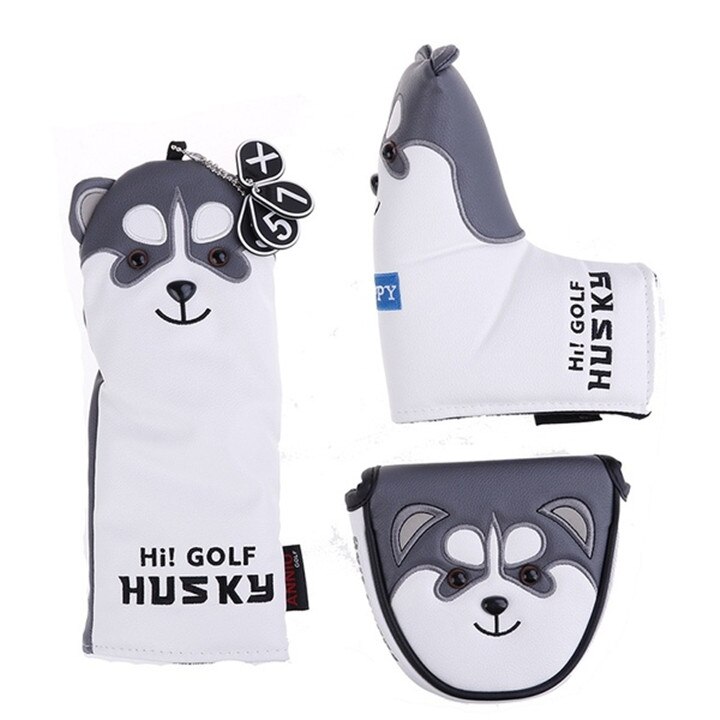 Cute Husky Golf Driver Head Cover Cartoon Animal Fairway Woods PU Leather Golf Putter Headcovers Dustproof Golf Club Covers Cool