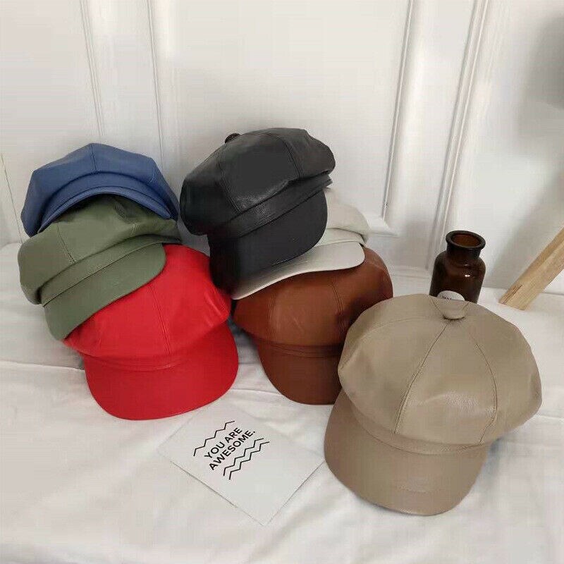 Chapeau béret en cuir pour femme | Automne, hiver chapeaux octogonaux, casquette plate, casquette chaude solide pour femme