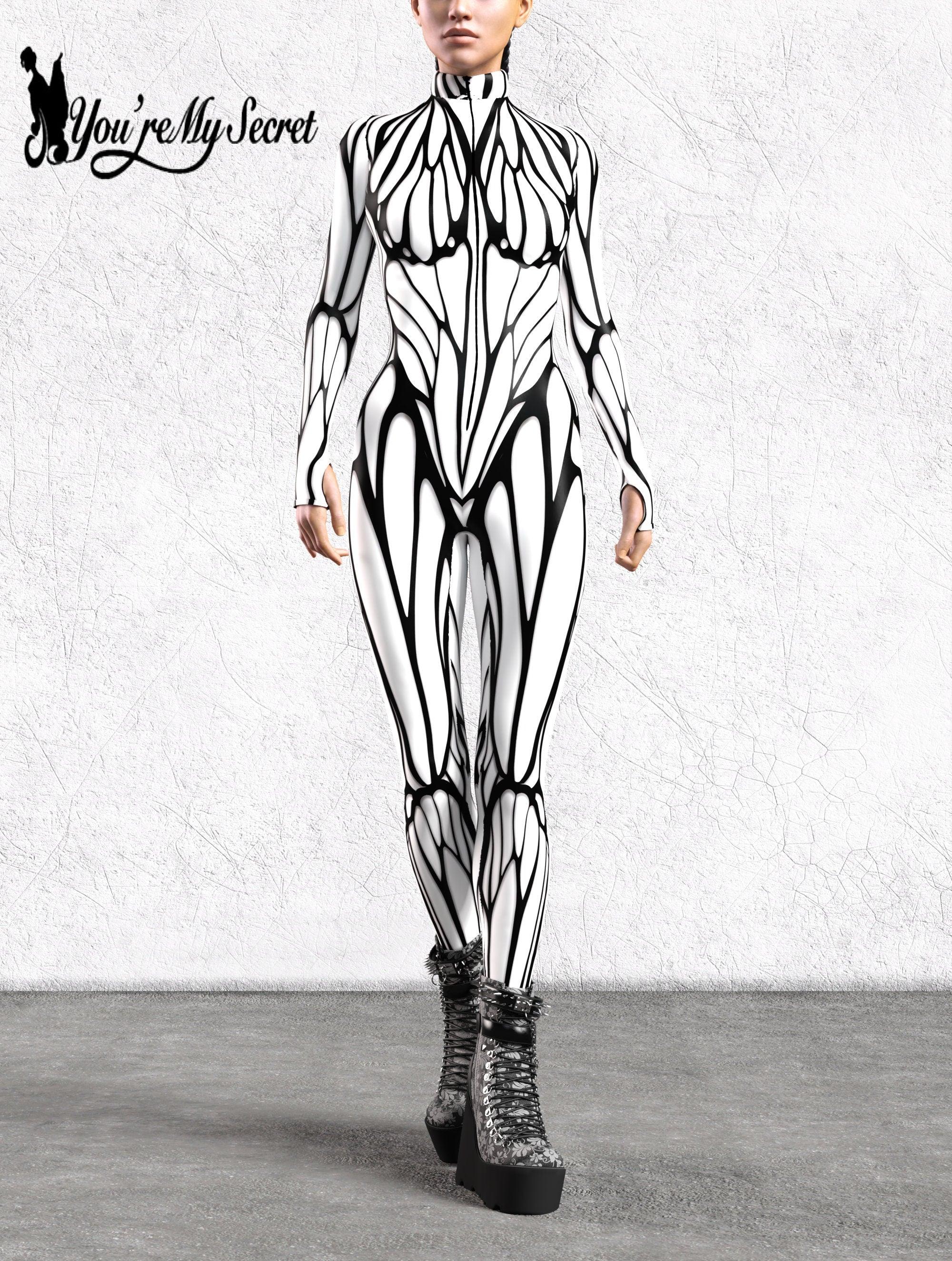[du er min hemmelighed] halloween sort/hvid sommerfuglelinje cyber sort/hvid mønster bodysuit dame zentai-dragt