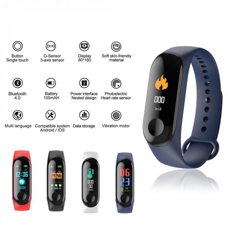 Reloj inteligente M3, pulsera de presión arterial, Monitor de ritmo cardíaco, podómetro deportivo, reloj de Fitness, podómetro para Android IOS