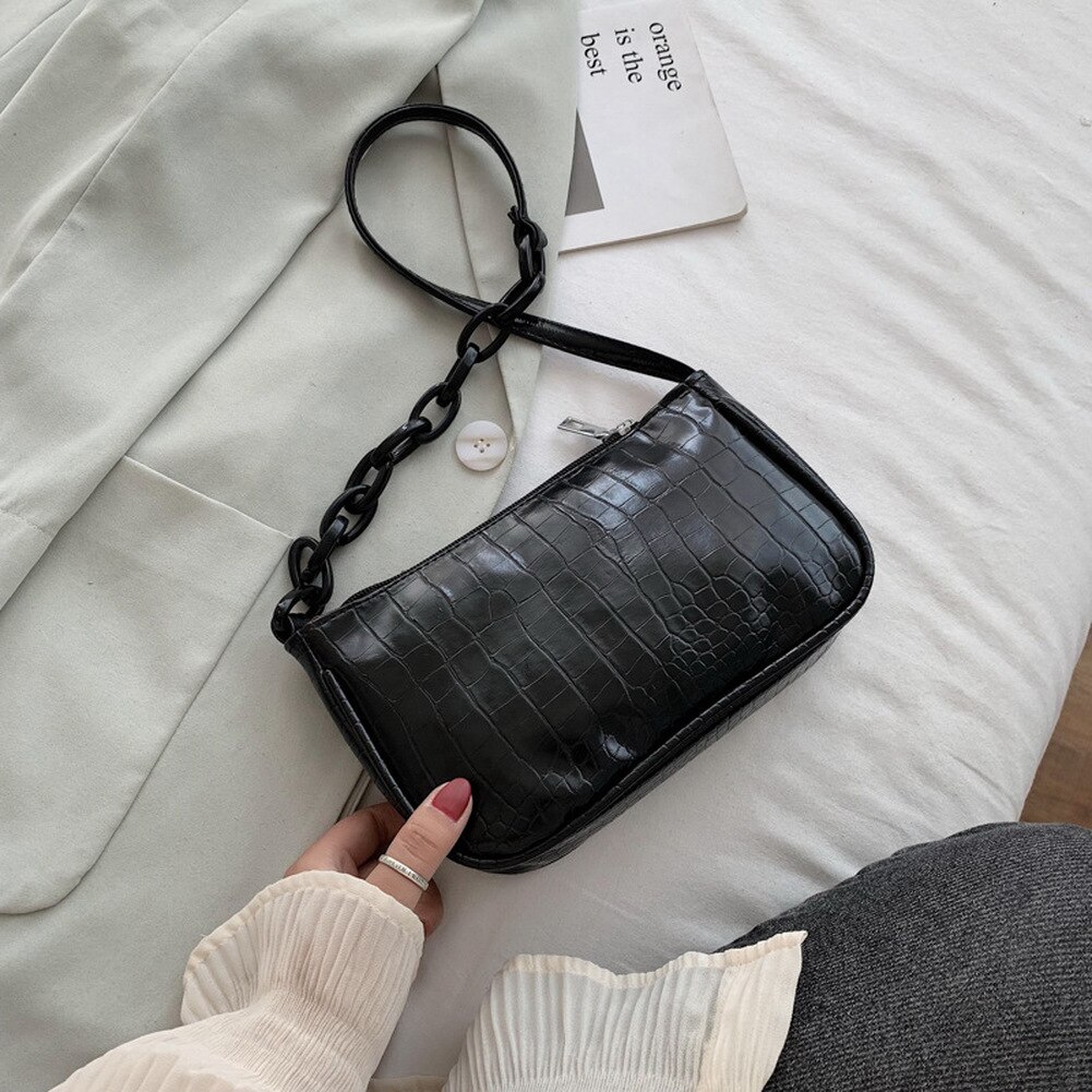Bolso Baguette con de cocodrilo para mujer, cadena de Color caramelo , Bolso pequeño de hombro para mujer, moderno, bolso para axila de cuero