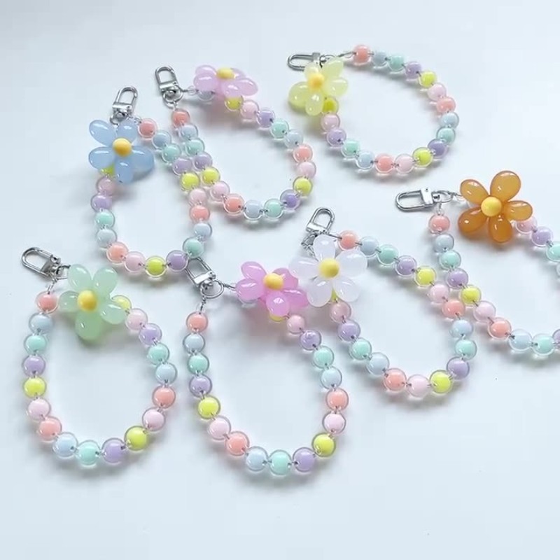 Korean Colorful Flower Beaded Mobile Phone Charm Strap Chain Lanyard Women Girl Jewelry Phone Holder Beads Pendant