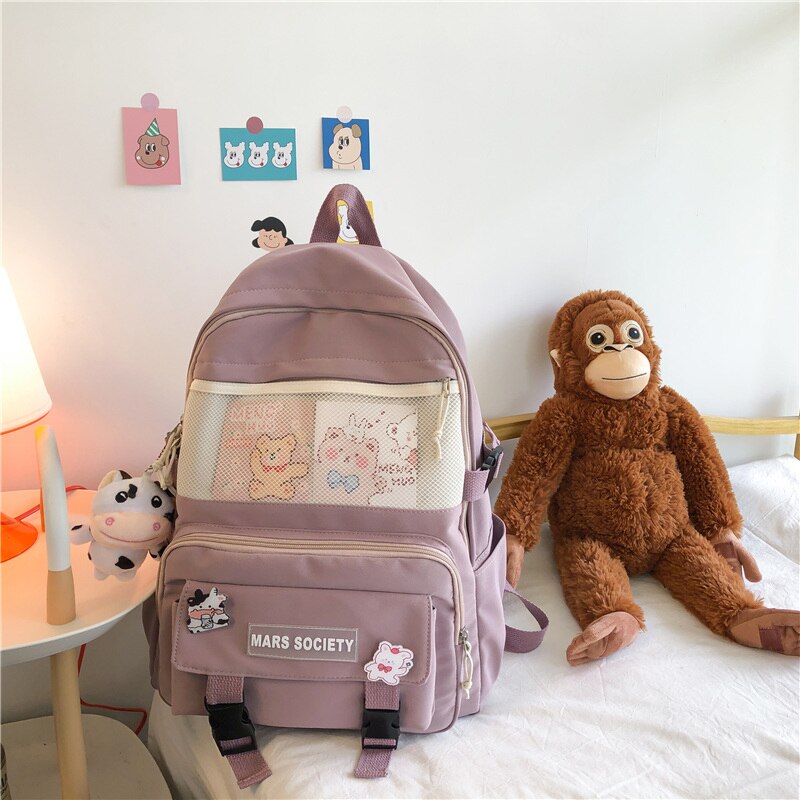 DIEHE Multifunction Nylon Women Backpack Female Transparent Pocket Small Travel Bag Girl Schoolbag Book Bag Kawaii Backpack: Pink / NO Pendant