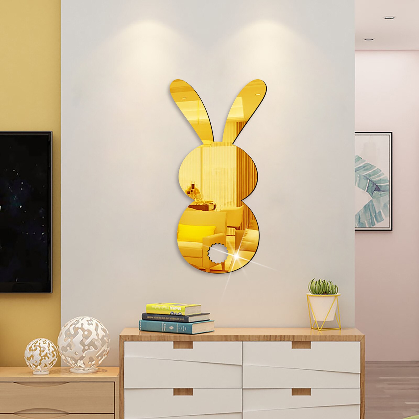 Diy Rubbit Bunny 3D Spiegel Muursticker Voor Woonkamer Art Home Decor Vinyl Decal Acryl Sticker Muurschildering Muur Decor pasen: Goud