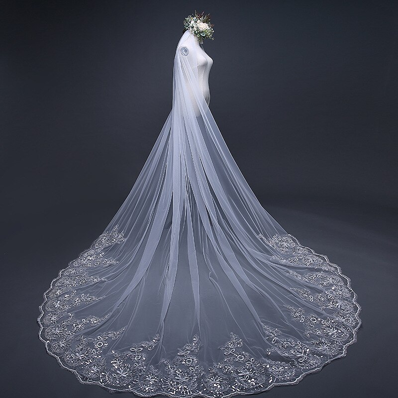 Voile de mariée pas cher longue Applique Sequin perlé dentelle bord voile blanc/ivoire voile de mariage avec peigne cathédrale 1 couche 3 mètres de largeur