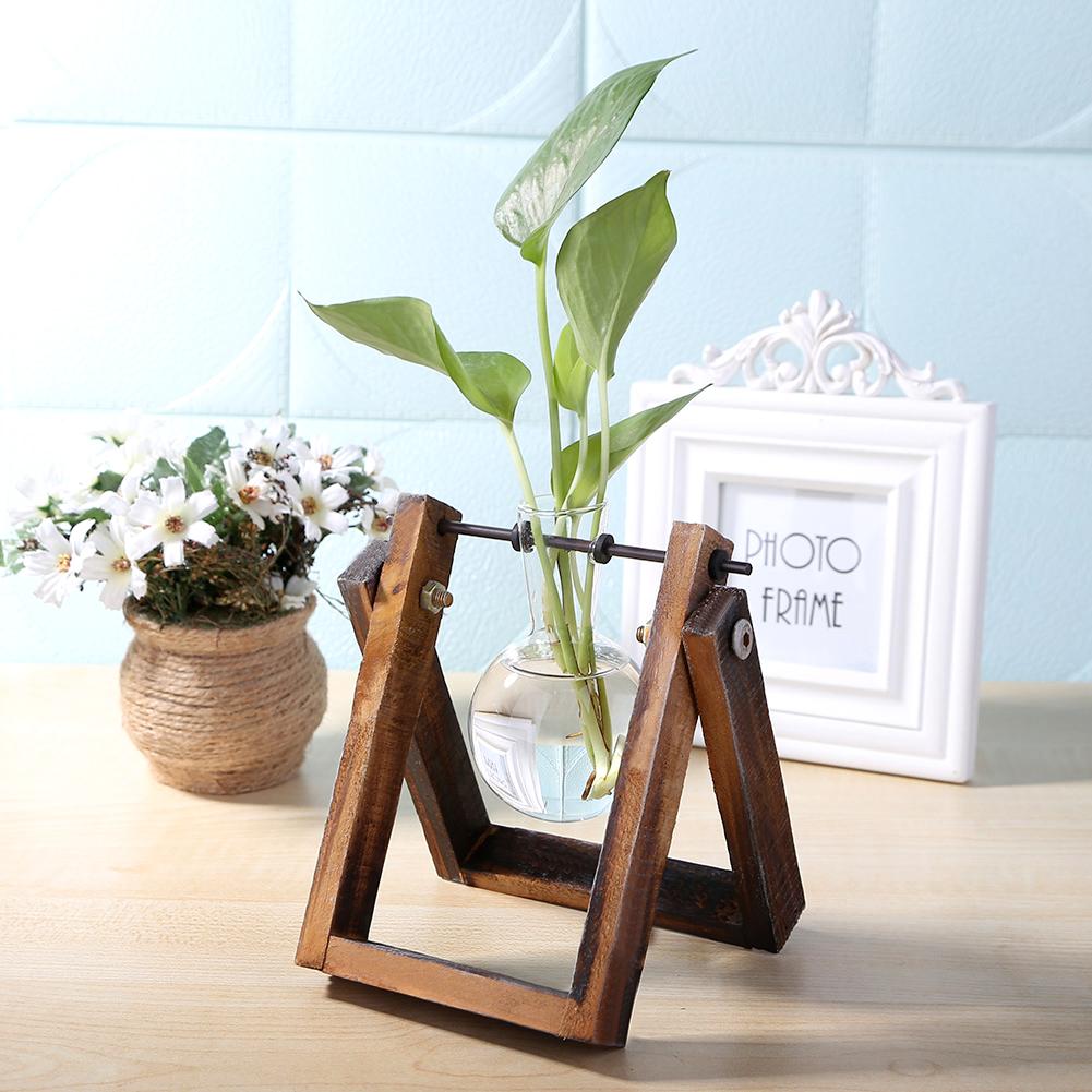 Glas och trä vas plantering terrarium bord skrivbord hydroponics växt bonsai blomkruka hängande krukor med trä bricka heminredning
